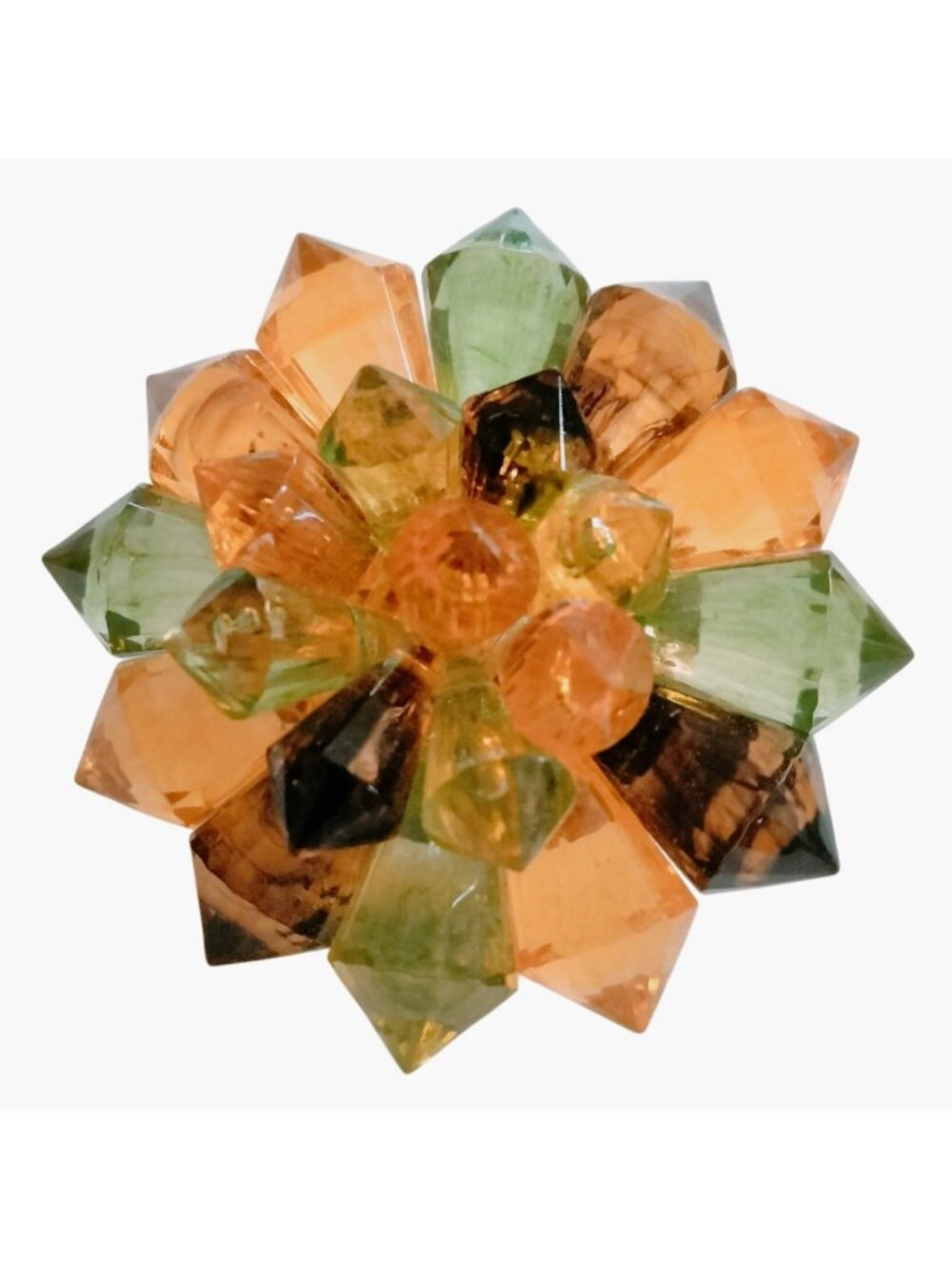 Autumn Brooch Vintage 1960s Green Orange Faceted Glass Bead Flower